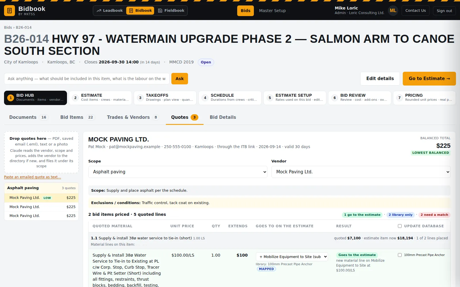 A vendor quote opened in the quotes workspace: the bid items it prices, each quoted line, where it goes on the estimate and whether it matched