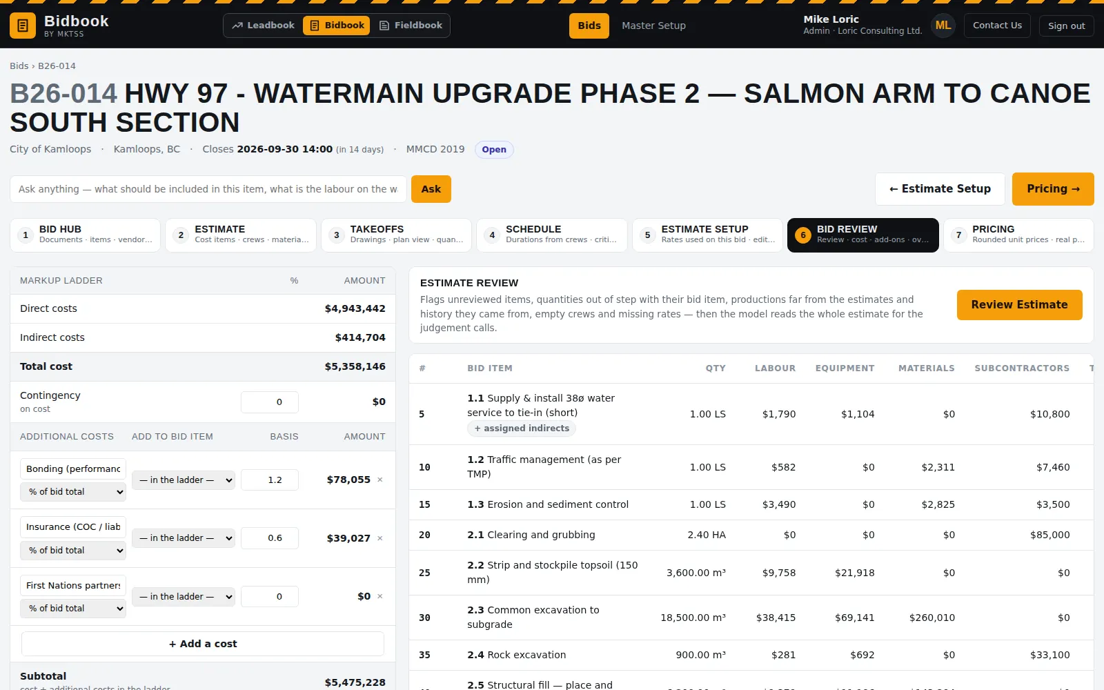 Bid Review: the markup ladder on the left with additional costs, and the bid items with labour, equipment, materials and subcontractor totals on the right