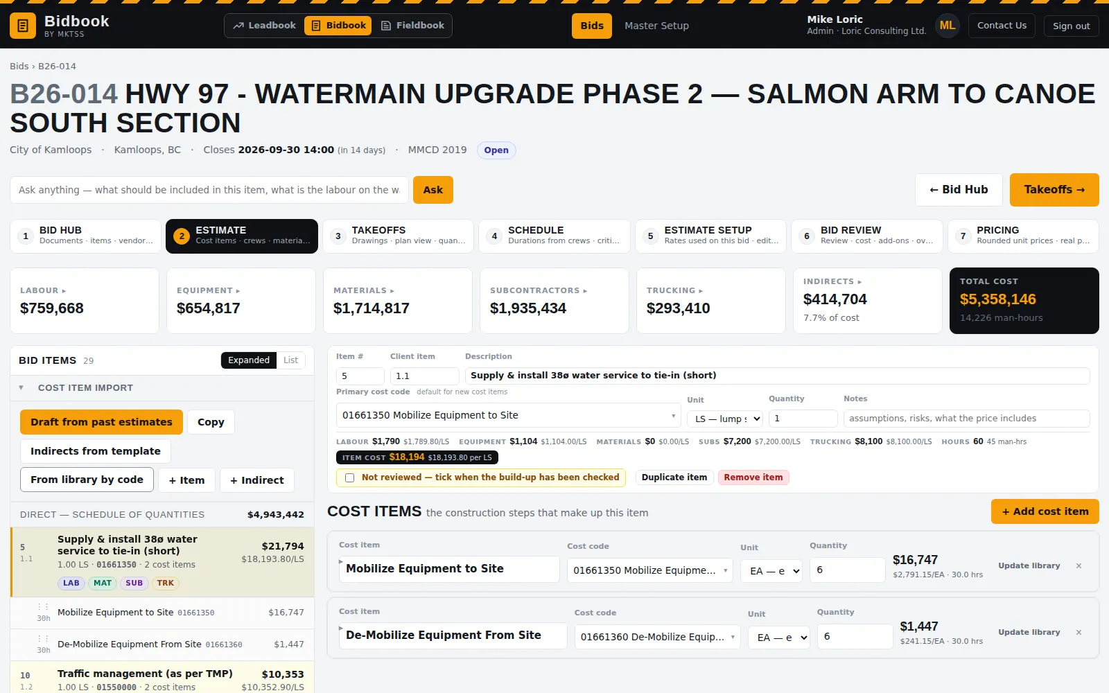 Bidbook estimate: bid items on the left, the open bid item with its cost items, crews, materials and unit cost on the right