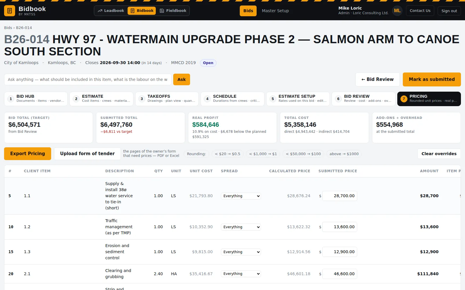 Pricing: bid total, submitted total and real profit; each bid item with unit cost, spread option, calculated and submitted price, amount and item profit
