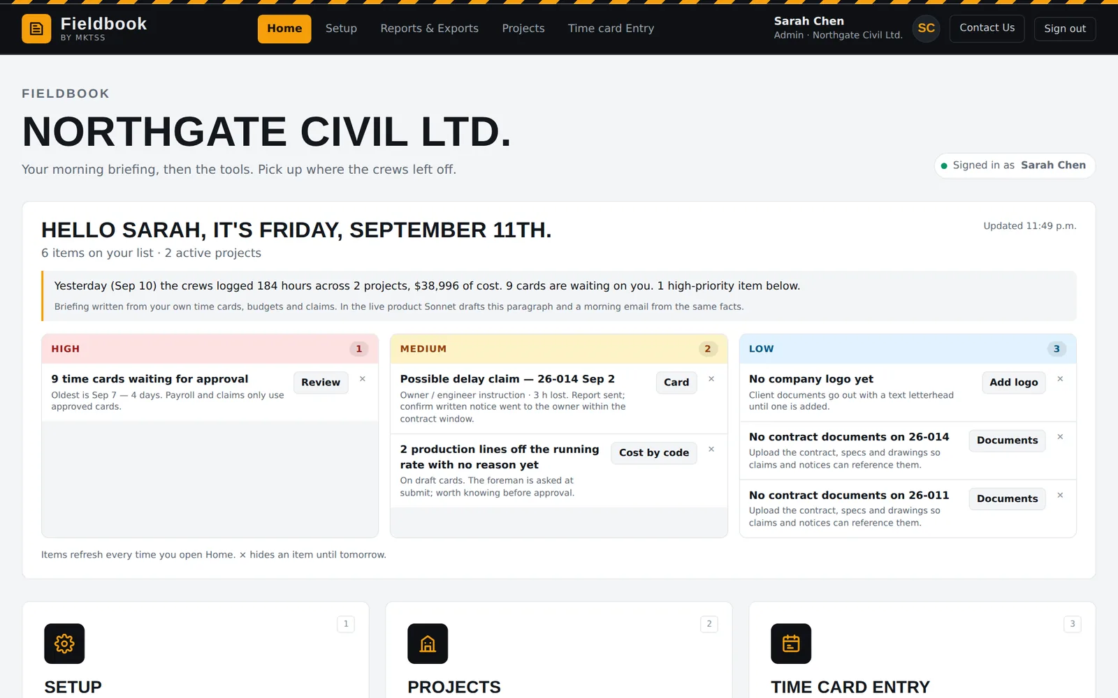 Fieldbook home page with the morning briefing