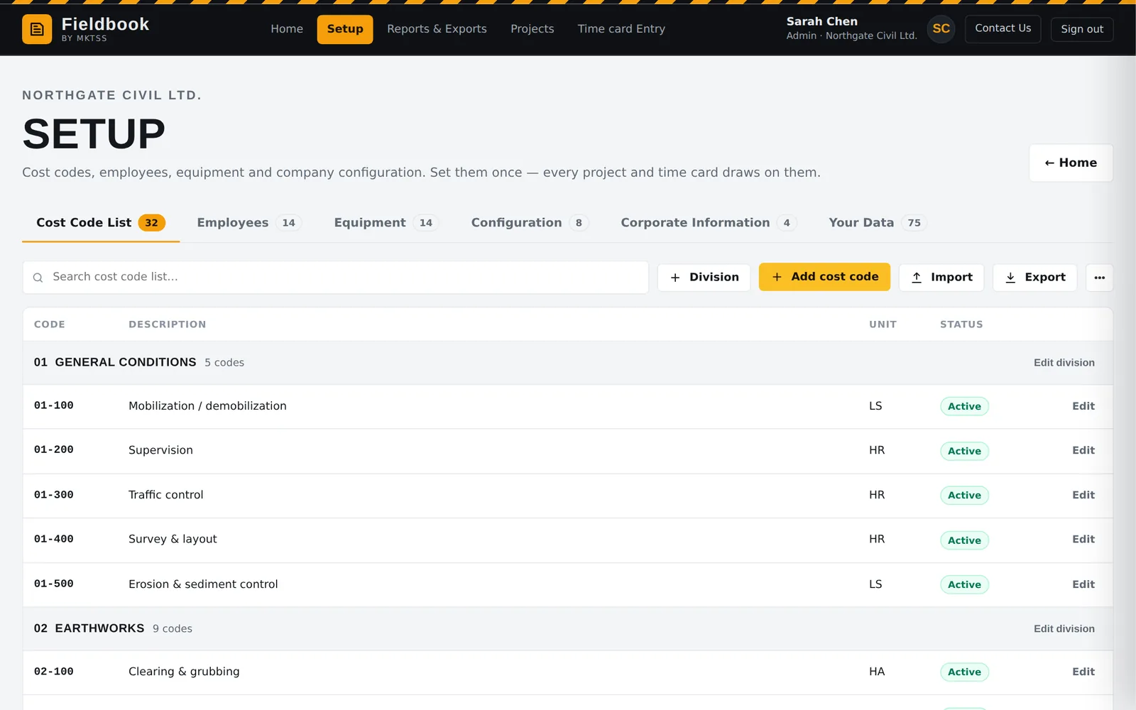 Setup page: divisions and cost codes with units and standard activity mapping