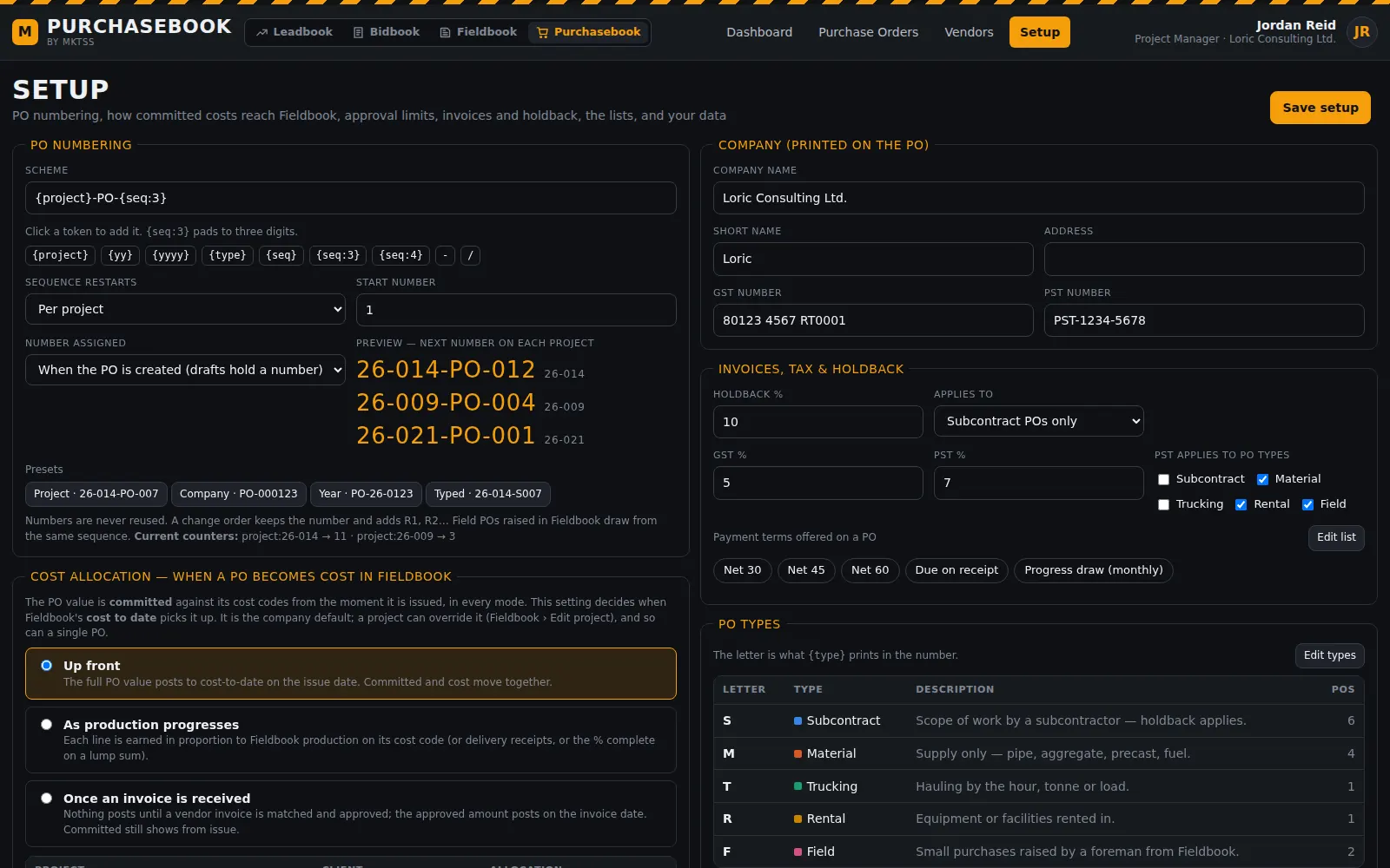 Setup: PO numbering scheme with tokens and a live preview per project, cost allocation modes, company details, holdback, tax, payment terms and PO types